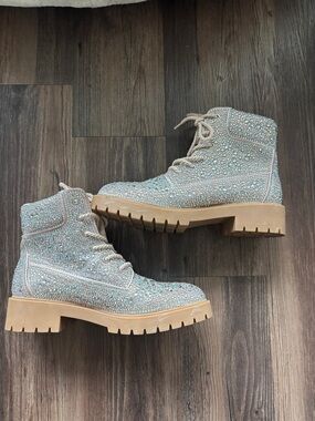 Betsey Johnson Iridescent Crystal Lace-Up Combat Boots - Tan Sole